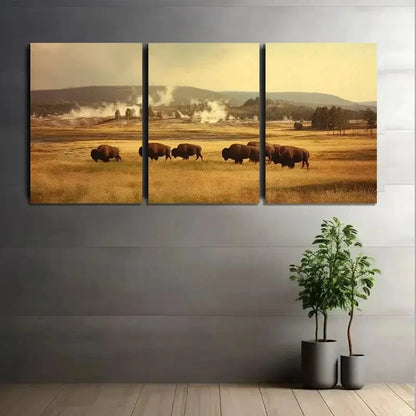 3pcs Vintage Bison Herd Grazing in Landscape Metal Print Ready to Hang Art