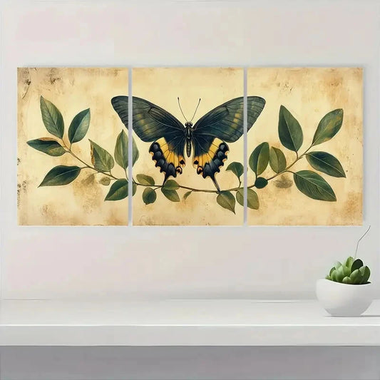 3pcs Nature Decor Vintage Botanical & Butterfly Metal Print Ready to Hang Art