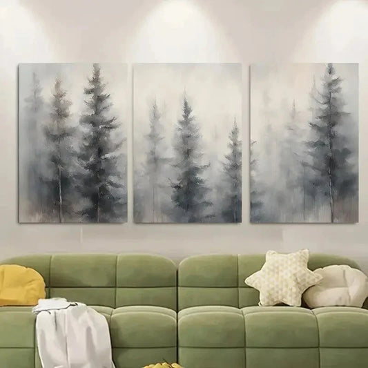 3pcs Serene Misty Pine Trees Scene Metal Print Ready to Hang Art