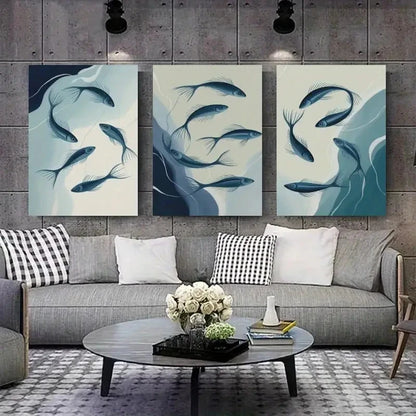 3pcs Koi Fish Watercolor Decorations Painting Metal Print Ready to Hang Art