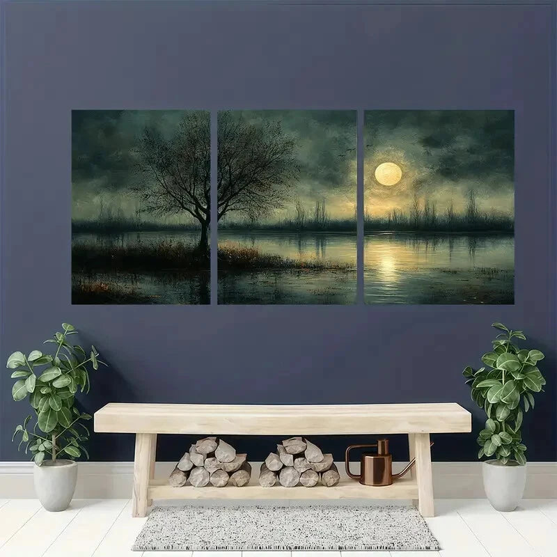 3pcs Moonlit Landscape Painting Dark Neutral Tones Metal Print Ready to Hang Art