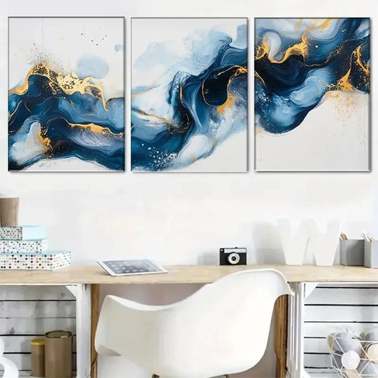 3pcs Blue and Golden Abstract Décor Perfect Wall Art Set Canvas Framed 40x60cm - High Quality Print 100% Australian Made Wall Canvas Ready to Hang