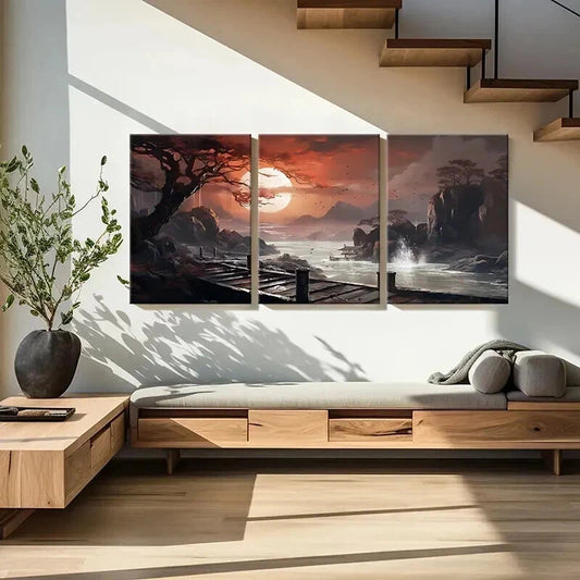 3pcs Artistic Sunset Traditional Chinese Wall Art Set Canvas Framed 40x60cm - High Quality Print 100% Australian Made Wall Canvas Ready to Hang
