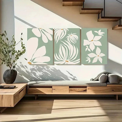 3pcs White Flowers & Leaves Green Floral Metal Print Ready to Hang Art