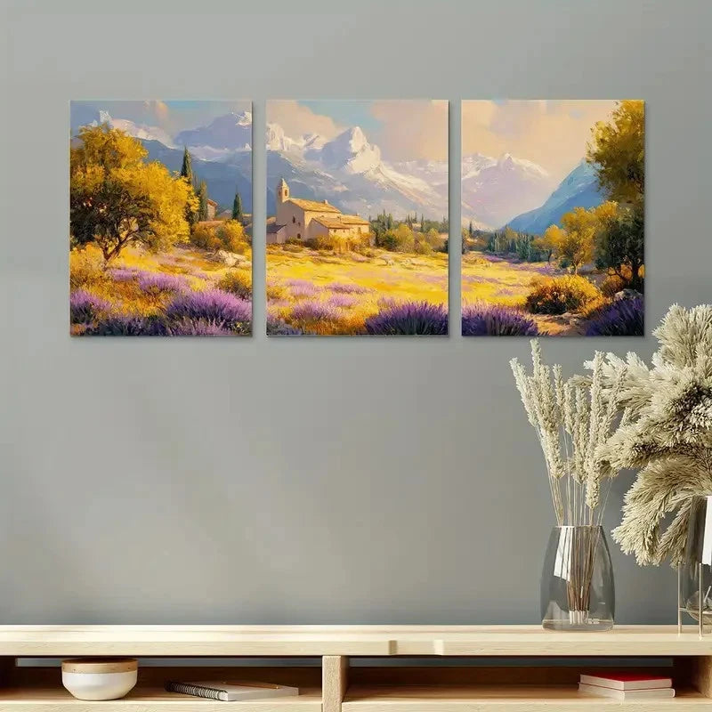 3pcs Poppy Field Landscape Handmade Oil Painting Metal Print Ready to Hang Art
