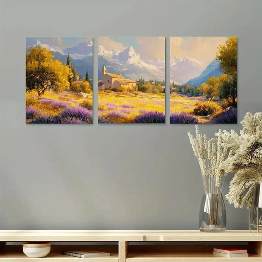 3pcs Poppy Field Landscape Handmade Oil Painting Metal Print Ready to Hang Art