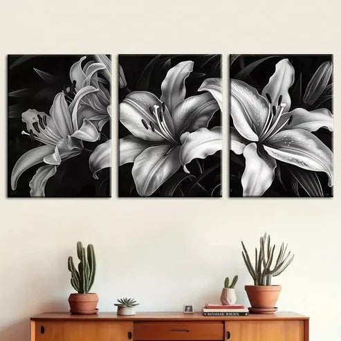 3pcs Modern Minimalist Black And White Floral Wall Art Set Canvas Unframed - High Quality Print 100% Australian Made Wall Canvas