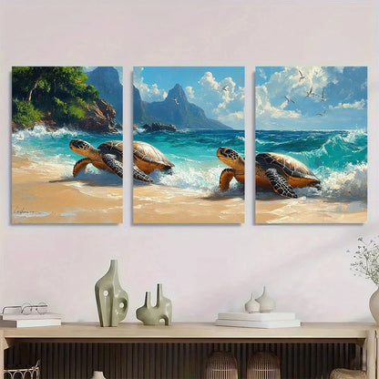 3pcs Beach Vibrant Ocean Scene with Sea Turtles Metal Print Ready to Hang Art