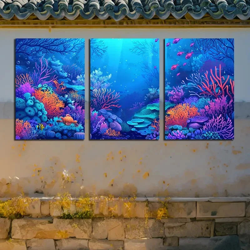 3pcs Vibrant Marine Organisms Illustration Metal Print Ready to Hang Art