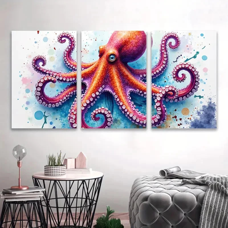 3pcs Octopus Watercolor Scene Wall Art Set Canvas Framed 50x70cm - High Quality Print 100% Australian Made Wall Canvas Ready to Hang