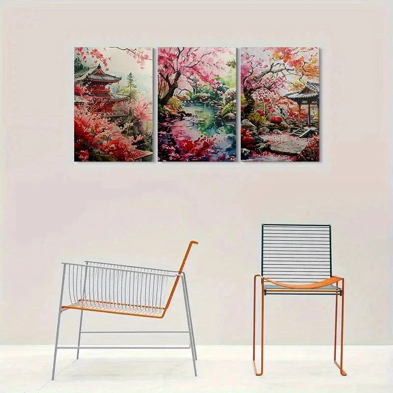 3pcs Cherry Blossom Garden Modern Nature Metal Print Ready to Hang Art