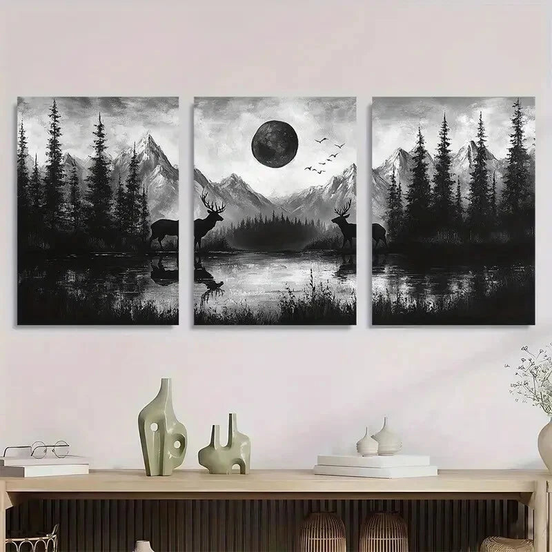 3pcs Black and White Full Moon and Mountains Metal Print Ready to Hang Art