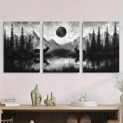 3pcs Black and White Full Moon and Mountains Metal Print Ready to Hang Art
