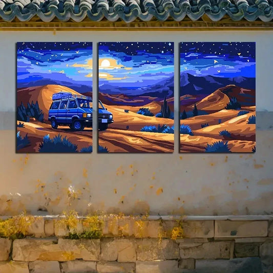 3pcs Desert Sunset Vibrant Landscape with Van Metal Print Ready to Hang Art