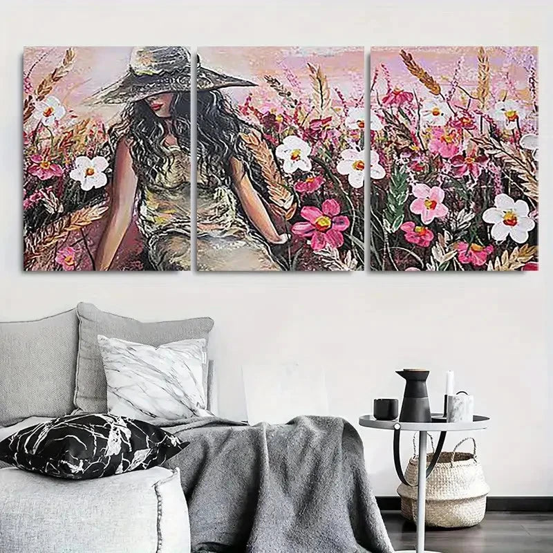 3pcs Elegant Fashion Woman with Hat Flower Metal Print Ready to Hang Art