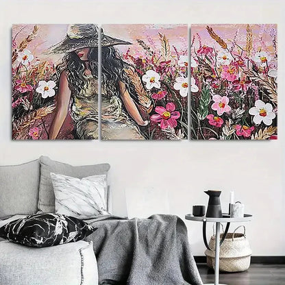 3pcs Elegant Fashion Woman with Hat Flower Metal Print Ready to Hang Art