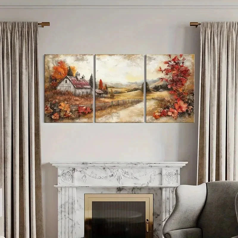 3pcs Autumn Barn Rolling Hill Rustic Fence Metal Print Ready to Hang Art