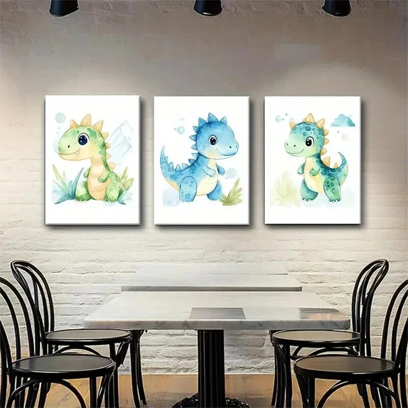 3pcs Cute Dinosaur Adorable Cartoon Perfect Wall Art Set Canvas Framed 40x60cm - High Quality Print 100% Australian Made Wall Canvas Ready to Hang