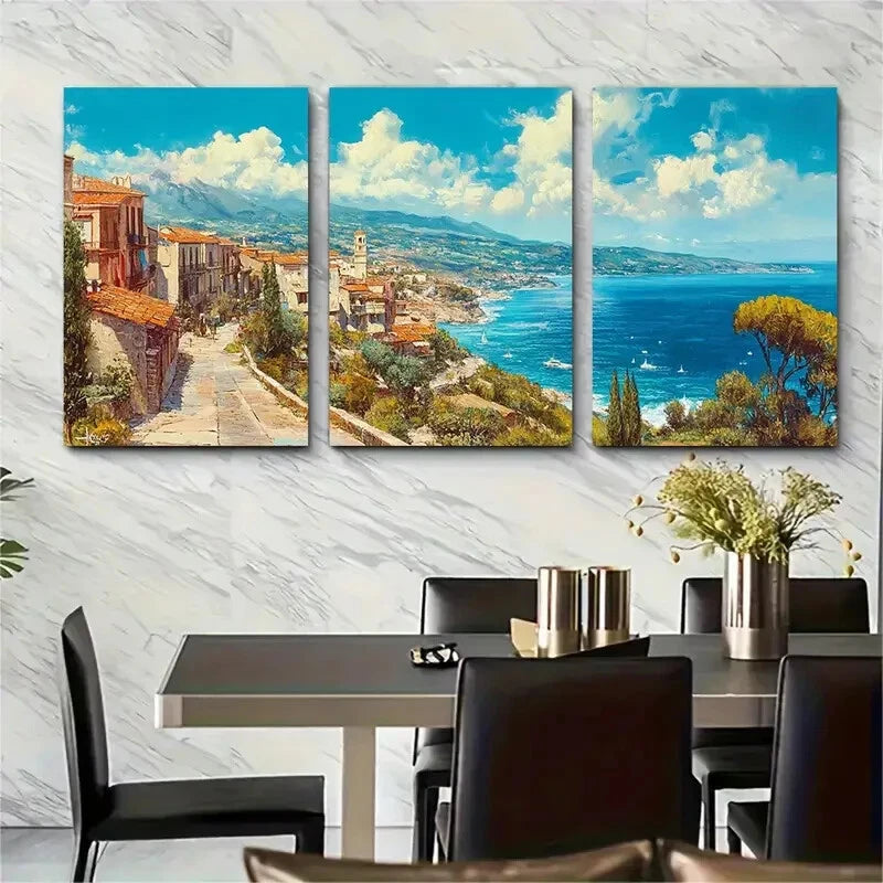 3pcs Vibrant Italian Coastal Scene with Blue SkyM etal Print Ready to Hang Art