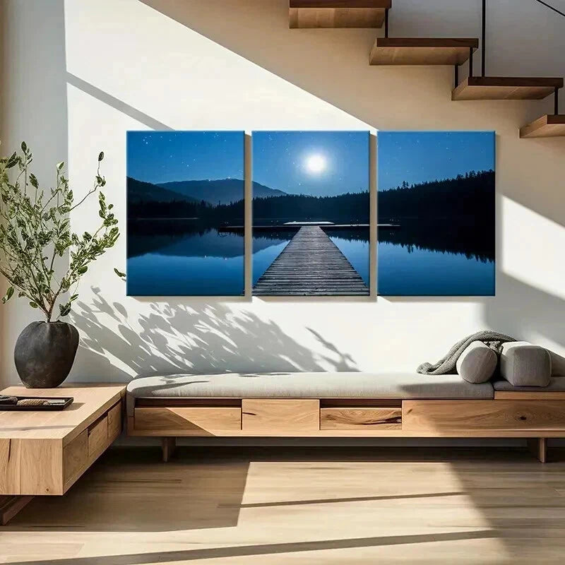 3pcs Mountains Trees Rivers & Wooden Bridges Wall Art Set Canvas Framed 40x60cm - High Quality Print 100% Australian Made Wall Canvas Ready to Hang