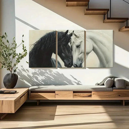3pcs Elegant Black White Horses Artwork Painting Metal Print Ready to Hang Art