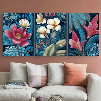 3pcs Bali Travel Indonesian Florals Illustration Wall Art Set Canvas Framed 50x70cm - High Quality Print 100% Australian Made Wall Canvas Ready to Hang