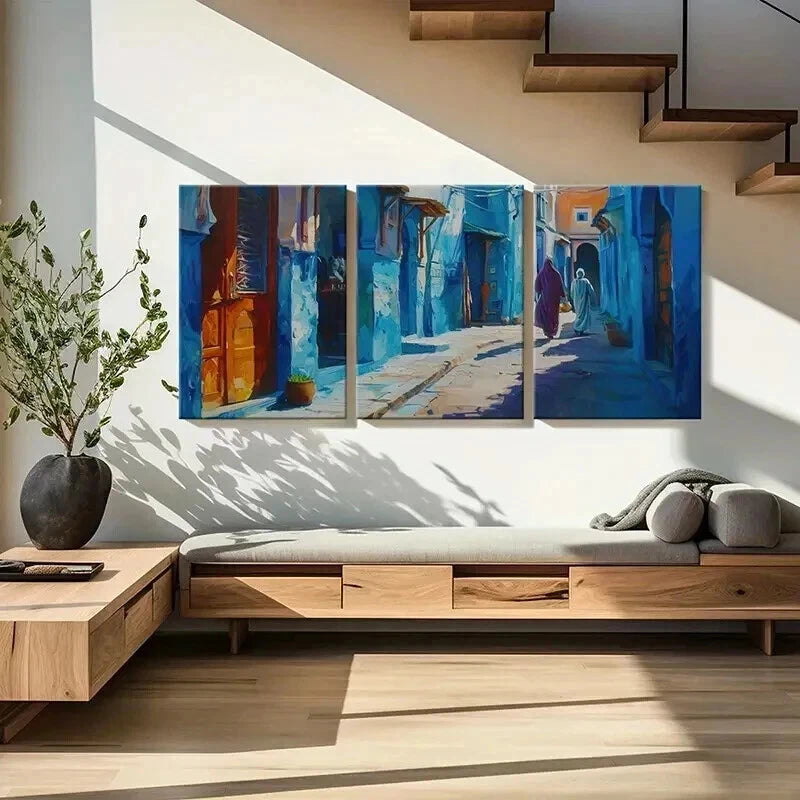 3pcs Vintage Blue Alley Moroccan Architecture Wall Art Set Canvas Framed 40x60cm - High Quality Print 100% Australian Made Wall Canvas Ready to Hang
