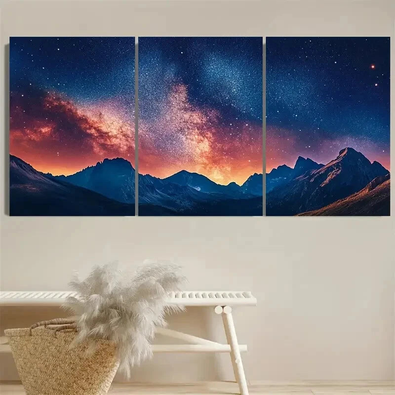 3pcs Mountains Nature malist Night Sky with Stars Metal Print Ready to Hang Art