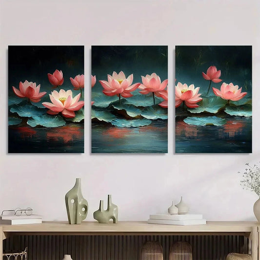 3pcs Lotus Painting with Kits Flowers Metal Print Ready to Hang Art