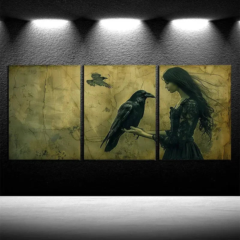 3pcs Girls and Crows Gothic Illustration Metal Print Ready to Hang Art