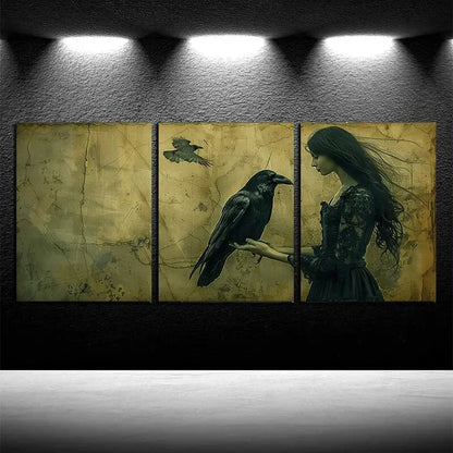 3pcs Girls and Crows Gothic Illustration Metal Print Ready to Hang Art
