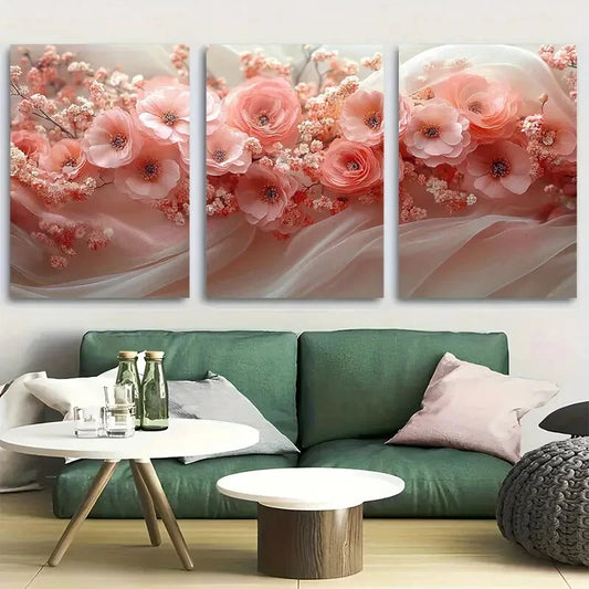 3pcs Bridal Veil Floral Cottagecore Pink Design Metal Print Ready to Hang Art