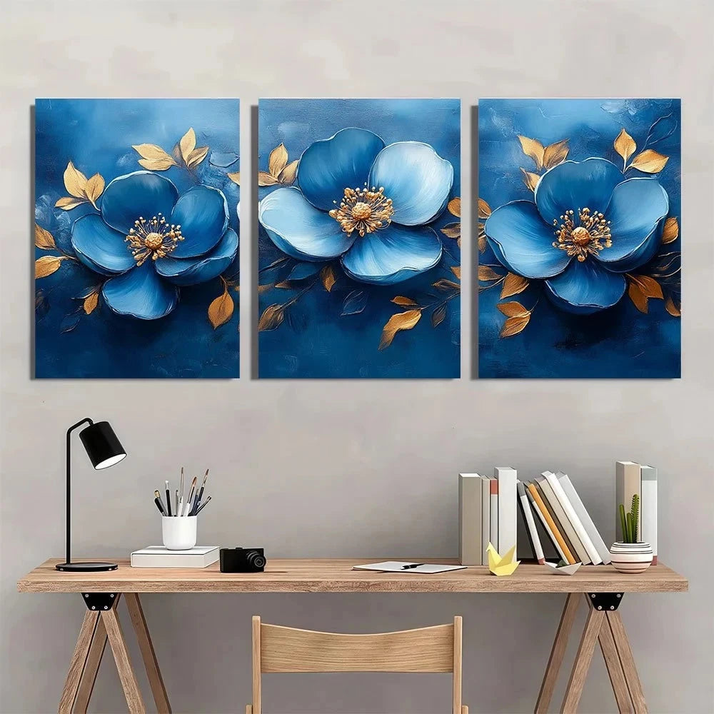 3pcs Blue and Golden Abstract Floral Metal Print Ready to Hang Art