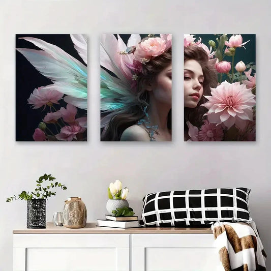 3pcs Enchanting Fairy Angel Pink Roses & Teal Metal Print Ready to Hang Art