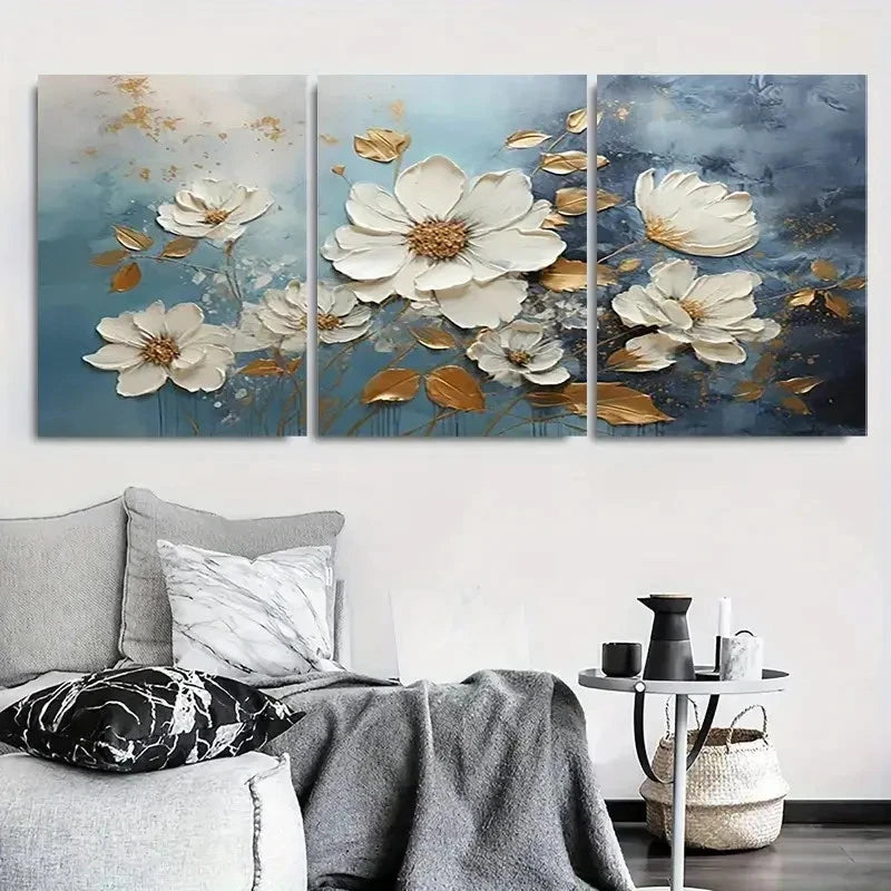 3pcs Elegant White and Golden Poppy Flower Metal Print Ready to Hang Art