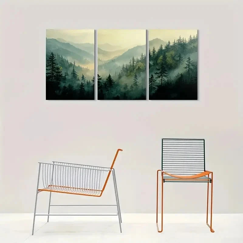 3pcs Tranquil Forest Landscape Painting Metal Print Ready to Hang Art