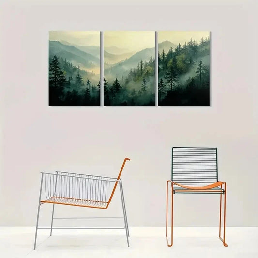 3pcs Tranquil Forest Landscape Painting Metal Print Ready to Hang Art