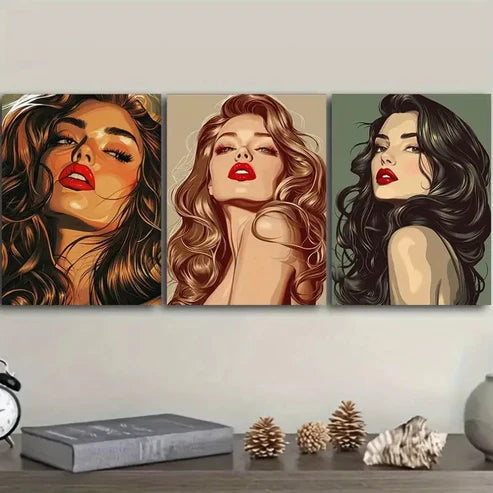 3pcs Portrait of Beautiful Woman Wall Art Set Canvas Unframed - High Quality Print 100% Australian Made Wall Canvas