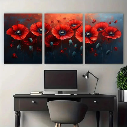 3pcs Red Poppies Floral Illustration Wall Art Set Canvas Framed 40x60cm - High Quality Print 100% Australian Made Wall Canvas Ready to Hang