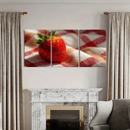 3pcs Fresh Strawberry On Checkered Cloth Metal Print Ready to Hang Art