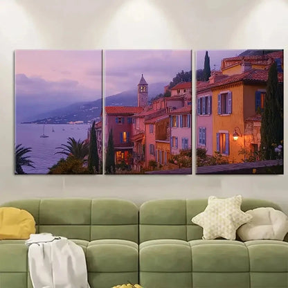 3pcs Mediterranean Coastal Village at Dawn Metal Print Ready to Hang Art