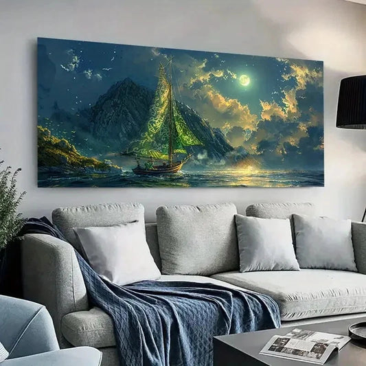 Glowing Lake and Moonlight wall canvas office home room framed 120x60cm - Bella Home Decor
