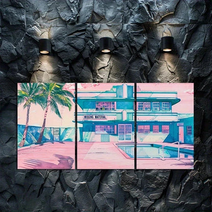 3pcs Vibrant Art Deco Motel & Poolside Scene Metal Print Ready to Hang Art