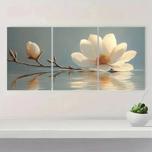 3pcs White Magnolia Flower Art Painting Metal Print Ready to Hang Art