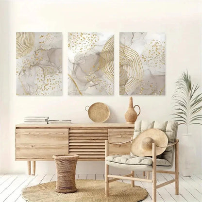 3pcs Beige & Golden Marble Wall Prints Metal Print Ready to Hang Art