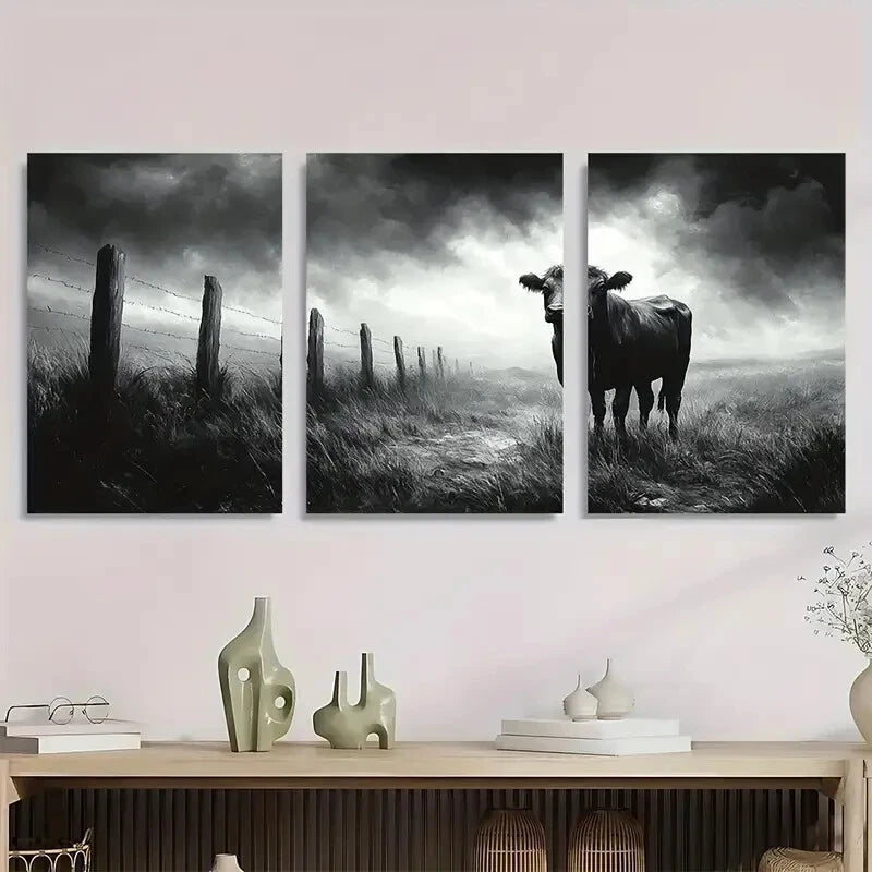 3pcs Whimsical Cow Humorous Black and White Metal Print Ready to Hang Art