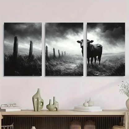 3pcs Whimsical Cow Humorous Black and White Metal Print Ready to Hang Art