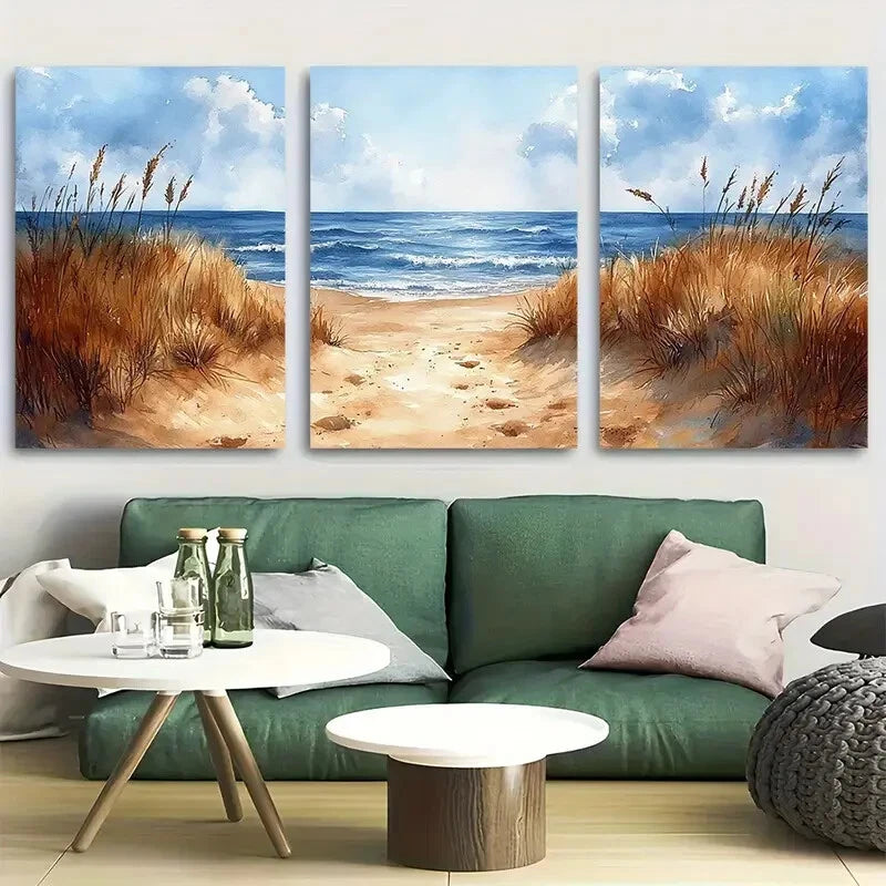 3pcs Whimsical watercolor of Sand Dunes on a Beach Metal Print Ready to Hang Art