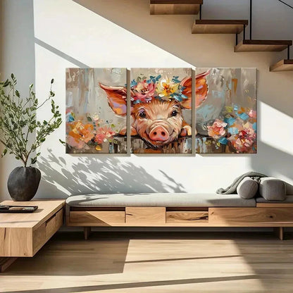 3pcs Pig Floral Crown Abstract Animal Art Metal Print Ready to Hang Art