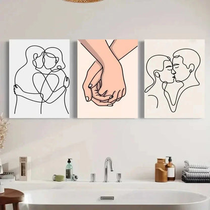 3pcs Romantic Line Art Hug Holding Hands Kiss Metal Print Ready to Hang Art